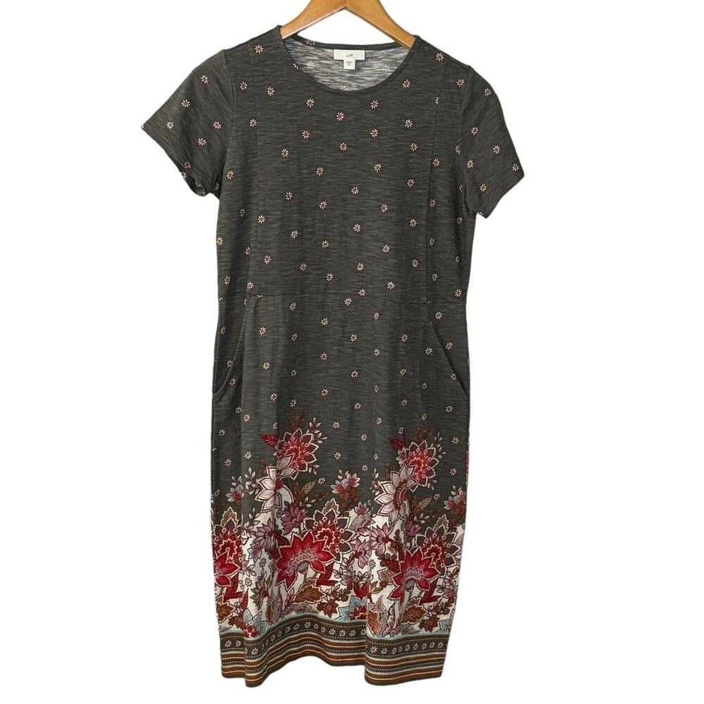 J. Jill Charcoal Gray Midi Dress with Red Floral Border